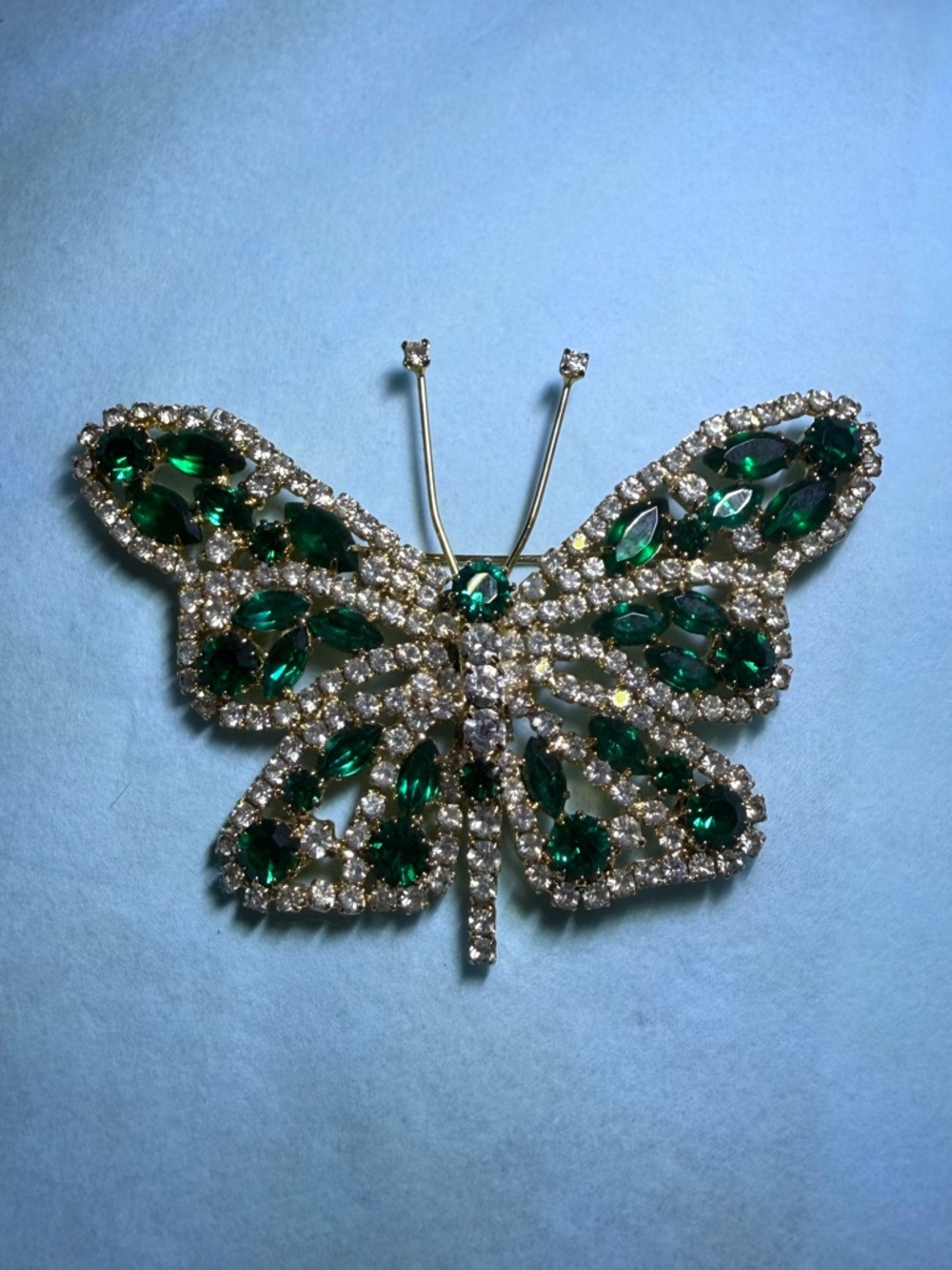 Vintage Green Rhinestone Butterfly Brooch Gold Tone Large Statement Pin